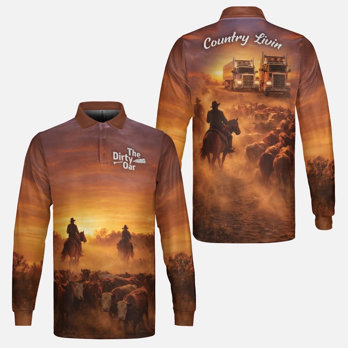 Long-sleeve shirt with a cowboy scene and 'Country Livin' text on a country background