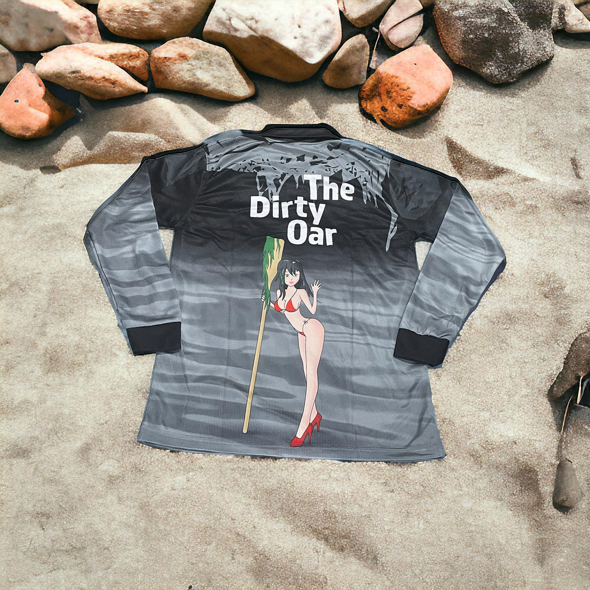 The Dirty Oar Mens Fishing Shirt Black on sandy background