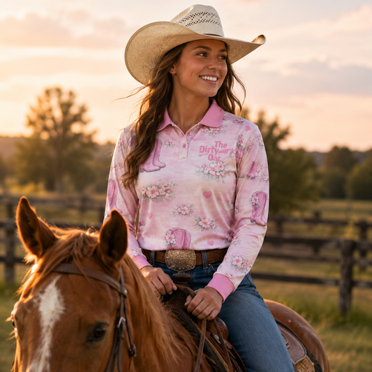 Woman in The Dirty Oar Country Dreams Womens Fishing shirt and cowboy hat riding a horse in a field.