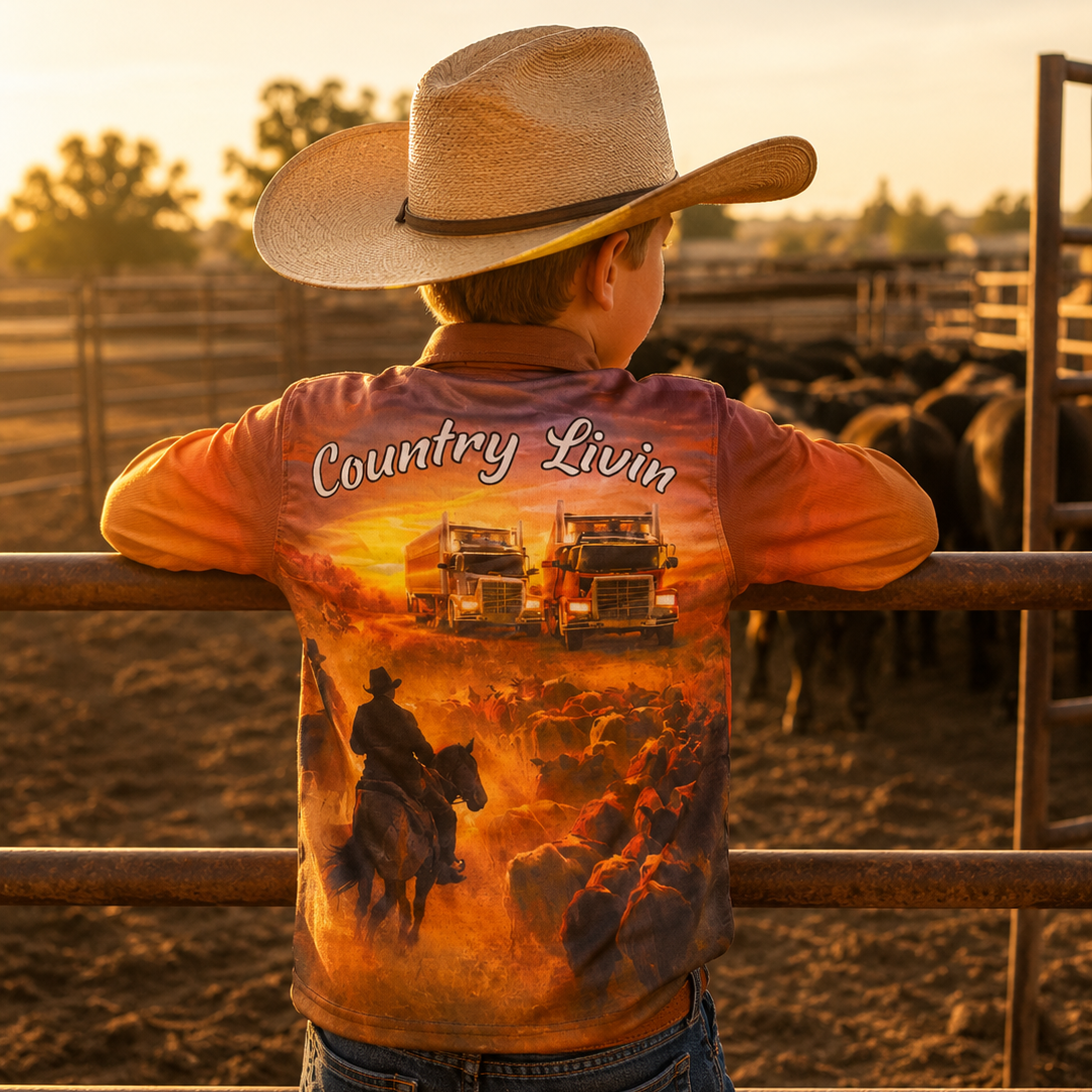 Kid is wearing a 'Country Livin' shirt with a sunset design and a cowboy hat, standing in a fenced area with animals.