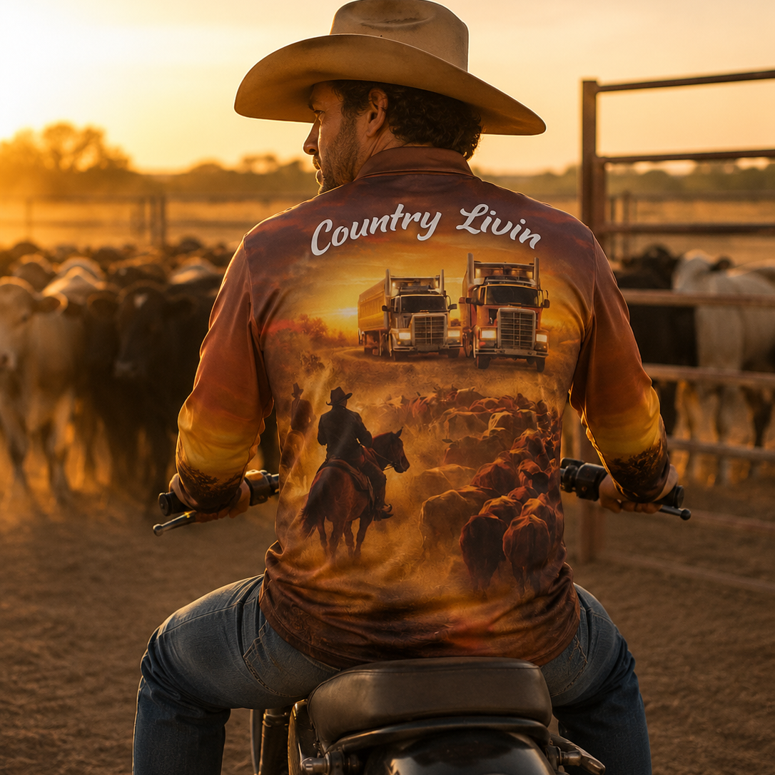 Man on a motorcycle with 'Country Livin' shirt in a rural setting