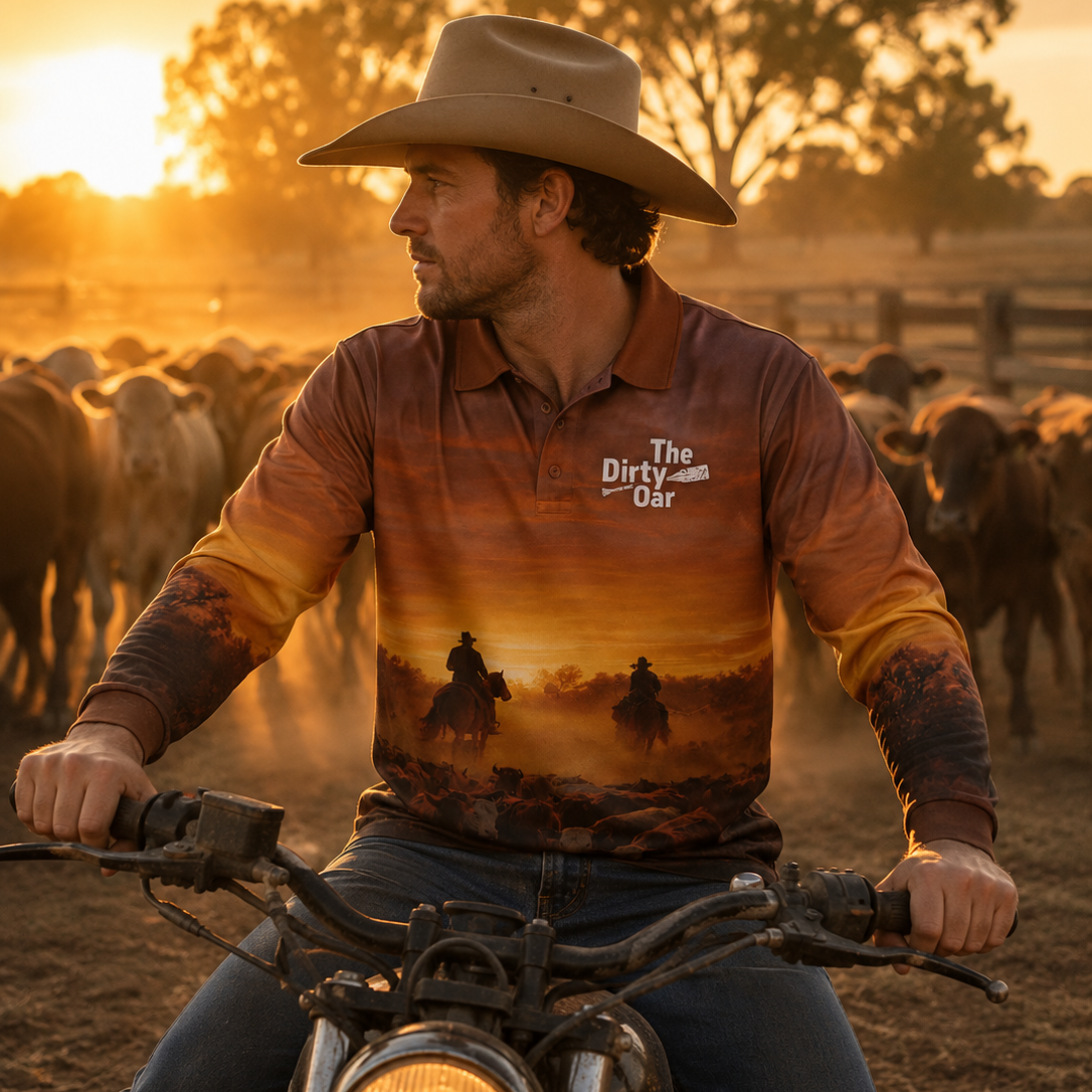 Man on a motorcycle wearing The Dirty Oar Country Livin mens fishing shirt with a sunset and cattle in the background