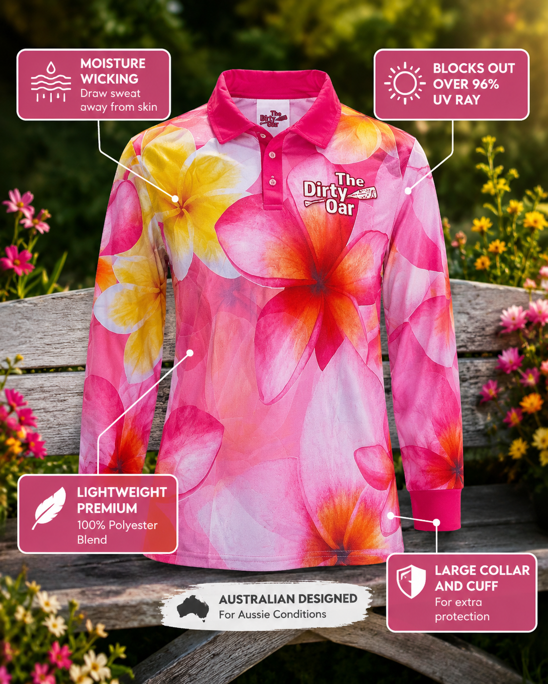 A long-sleeve collared shirt with a pink, orange, and yellow floral print, displayed on a wooden bench with outdoor garden background. Several pink callout boxes with icons highlight product features such as moisture wicking, UV blocking, lightweight premium fabric, Australian design, and large collar and cuff.