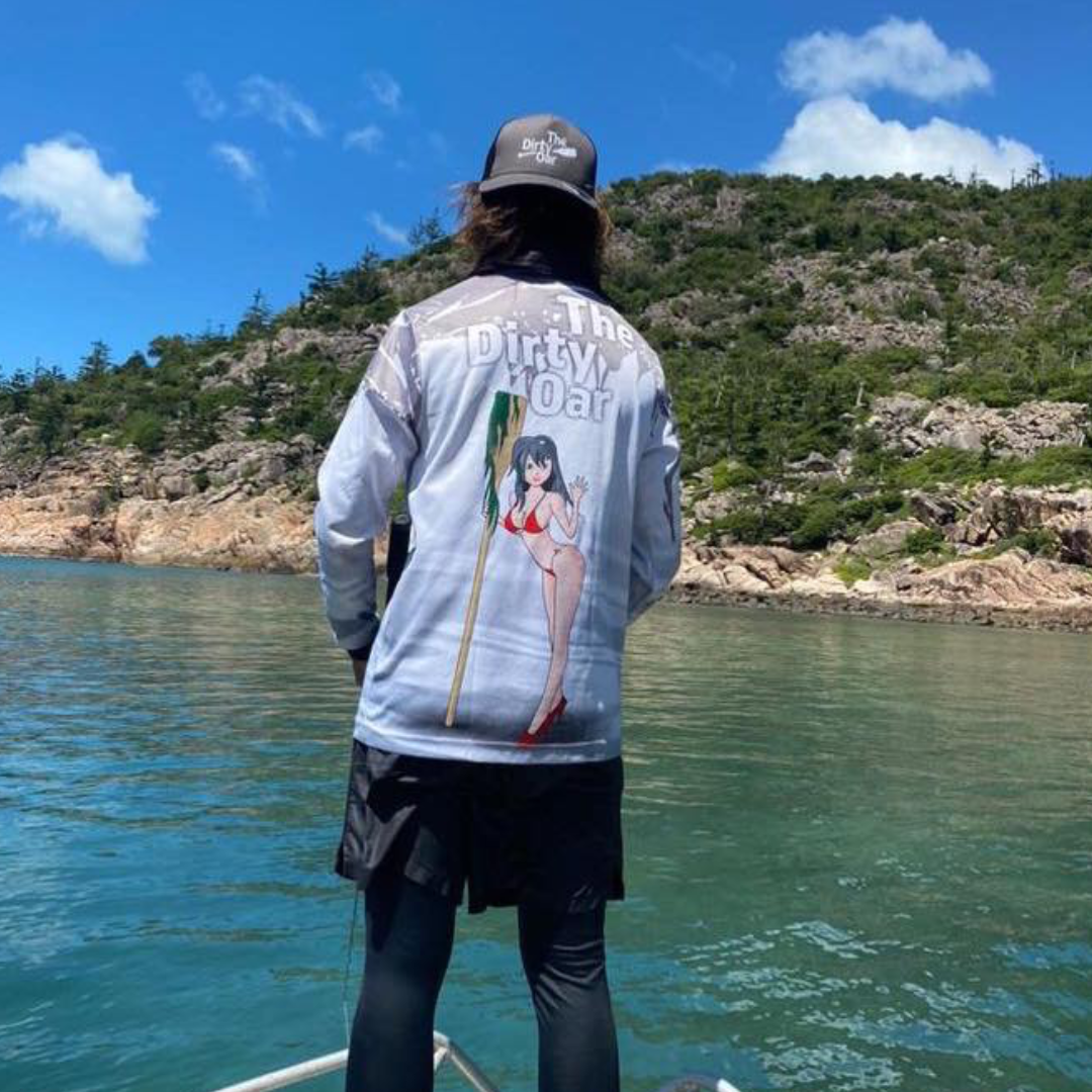 A person standing on a boat The Dirty Oar Mens Fishing Shirt White.