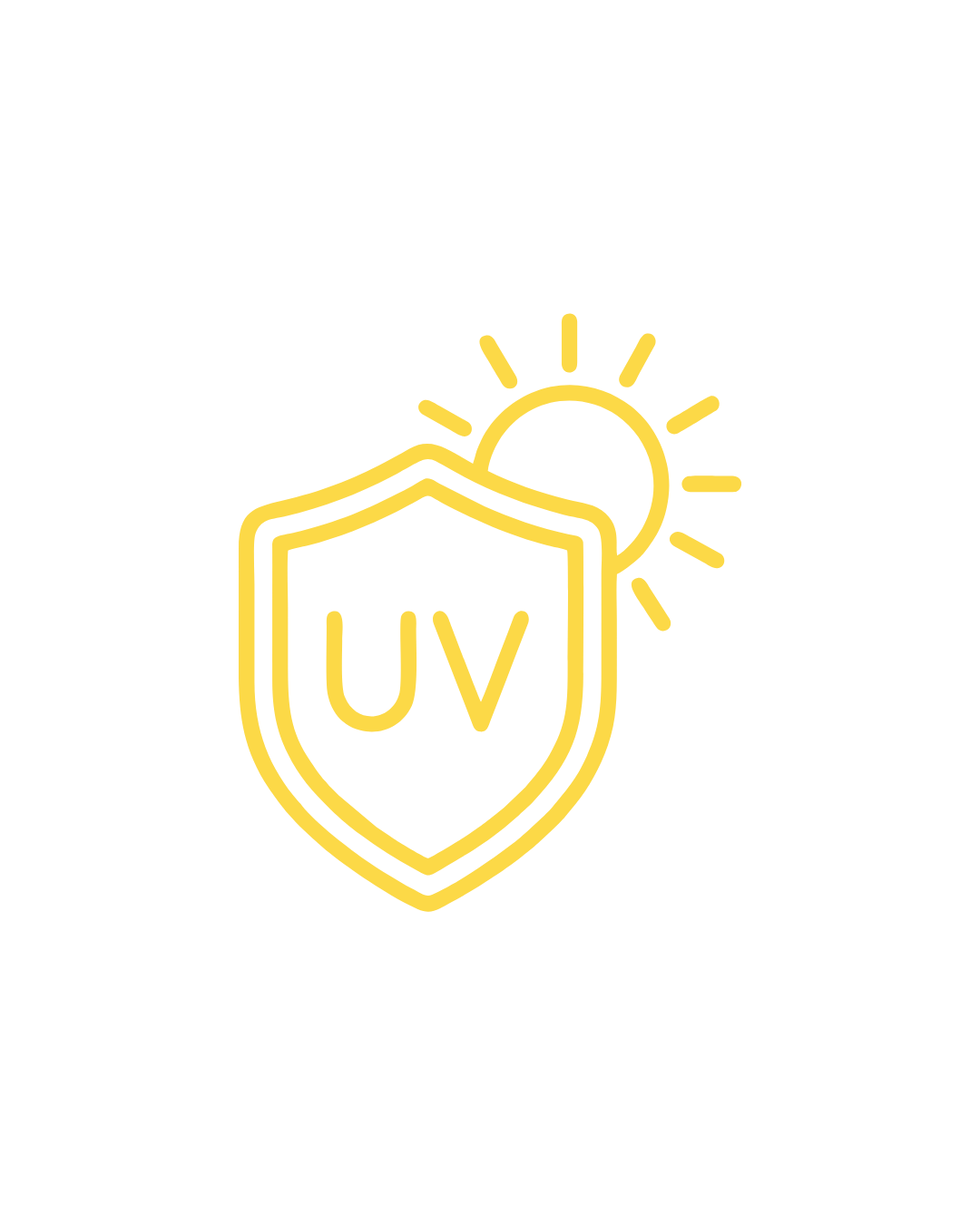 A yellow line icon showing a shield with the letters 'UV' and a sun behind it, centered on a plain white background.