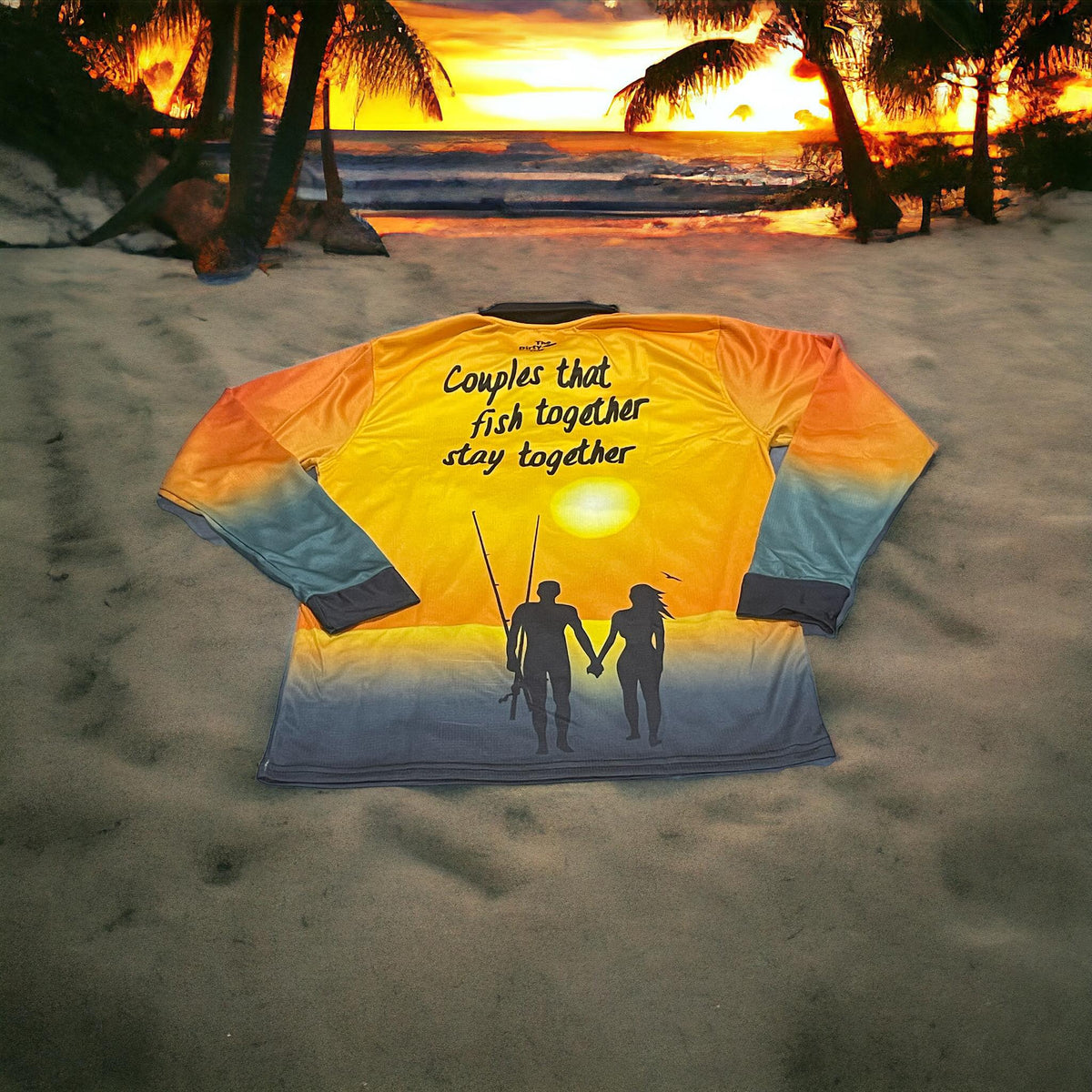 The Dirty Oar Couples Fishing Shirt n sandy background with palms and beautiful sunset.