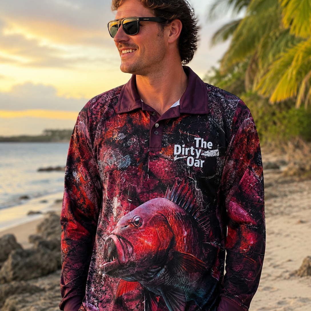 A man wearing The Dirty Oar Mangrove Jack Mens Fishing Shirt stands on a sandy beach at sunset. 