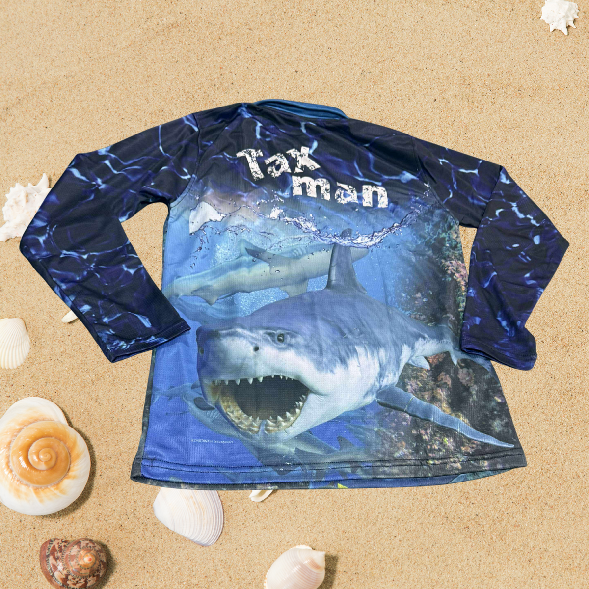 The Dirty Oar Taxman Mens Fishing Shirt  on a sandy background